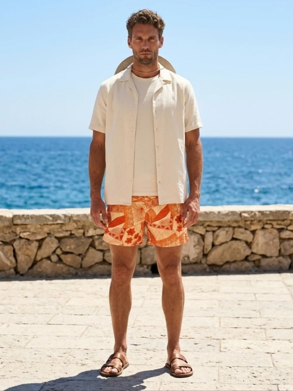 Sand N Sun Men's Orange Abstract Print Swim Trunks Size L (36/38)